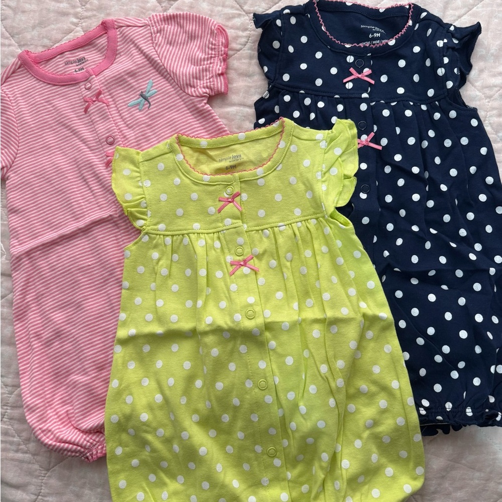 Set of Three Baby Rompers - Pink, Yellow, and Navy